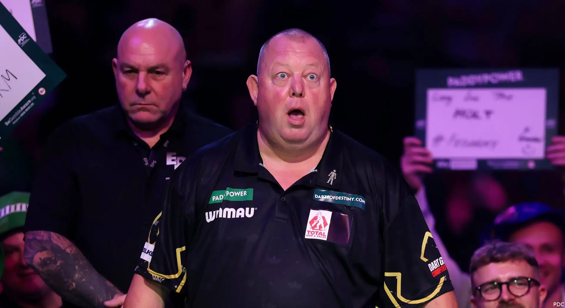 Mervyn King 2026 looks surprised during walk-on