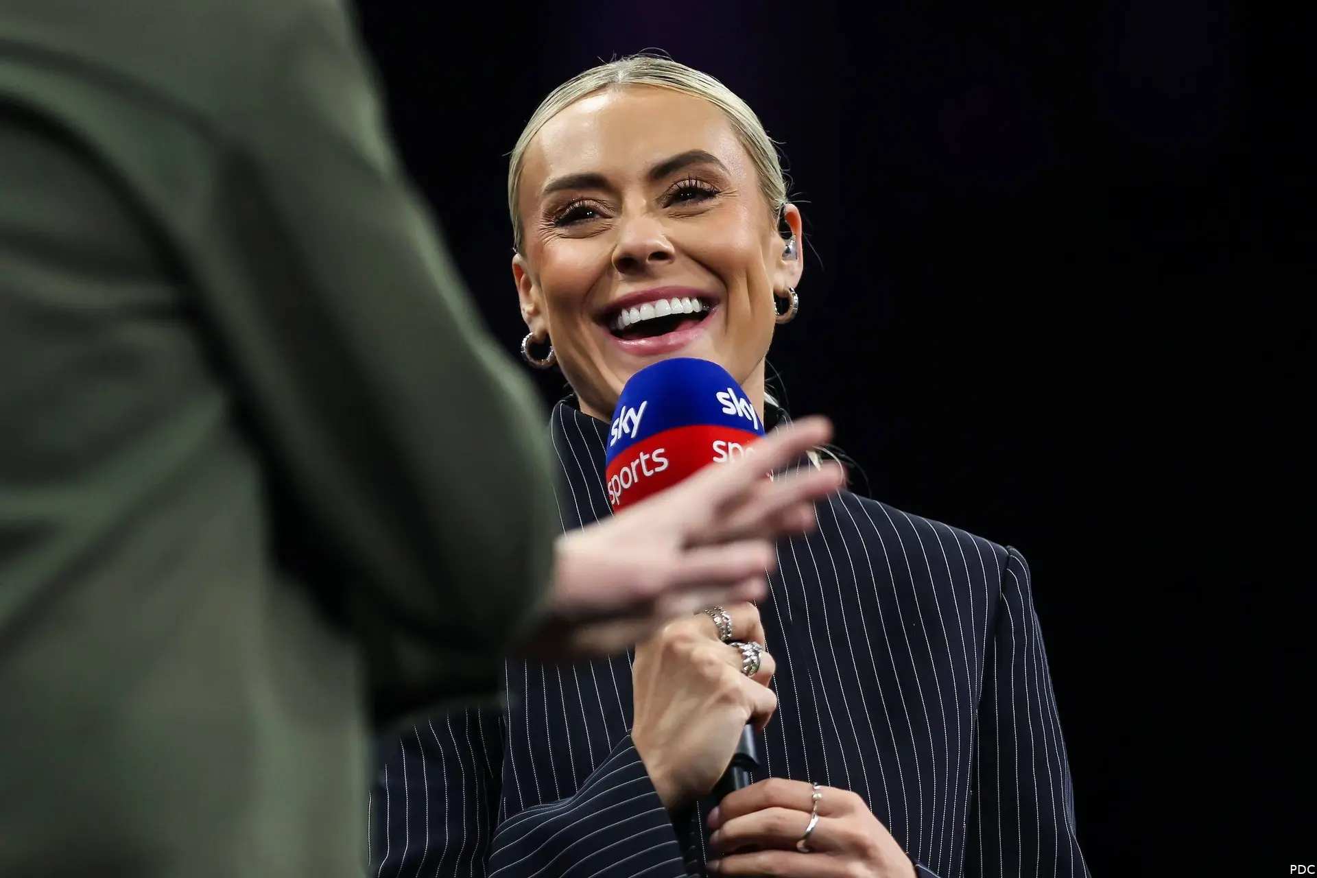 Emma Paton working for Sky Sports on night 3 of the 2026 Premier League Darts in Glasgow