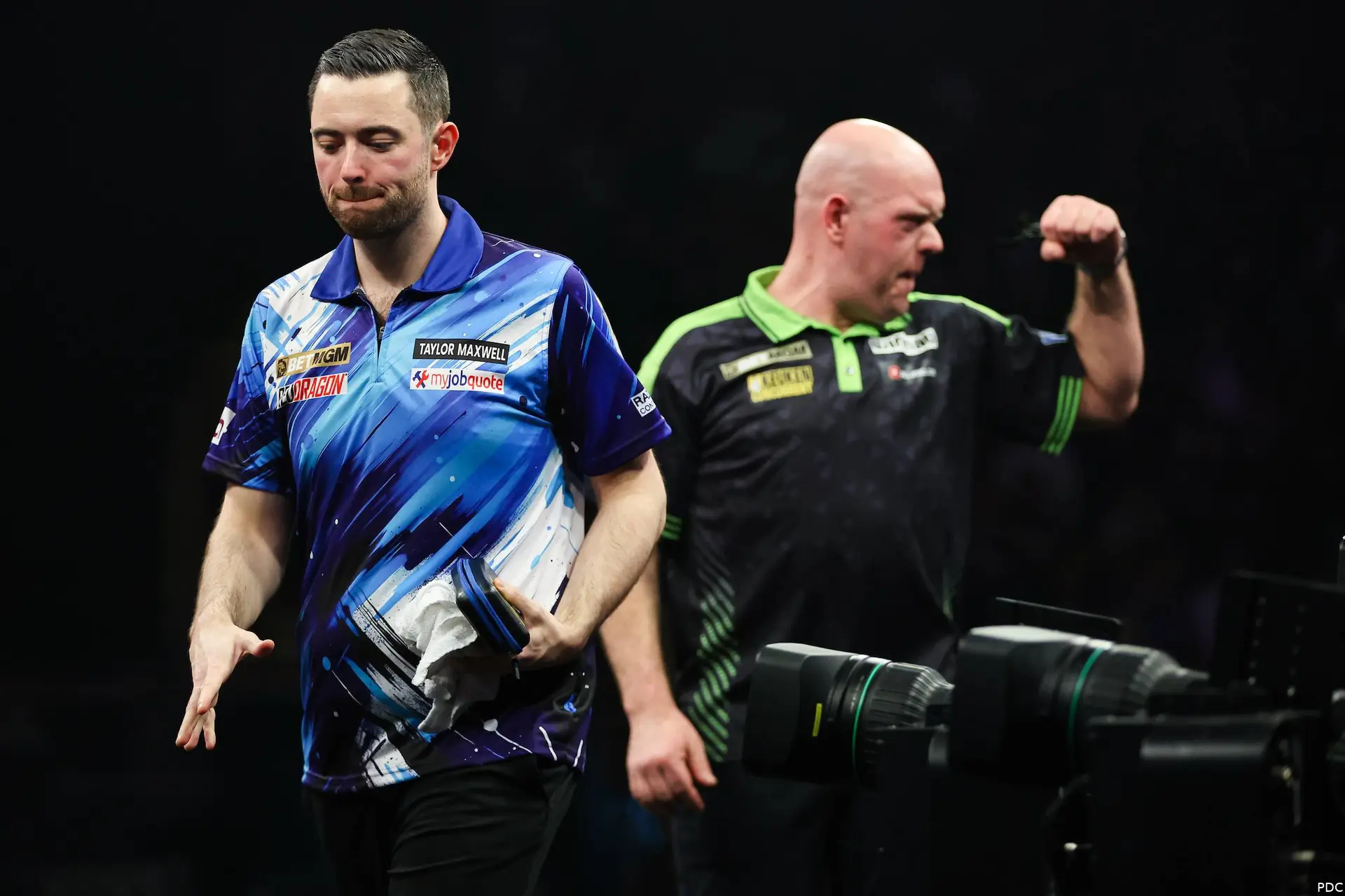 Luke Humphries and Michael van Gerwen on night one of the 2026 Premier League Darts in Newcastle