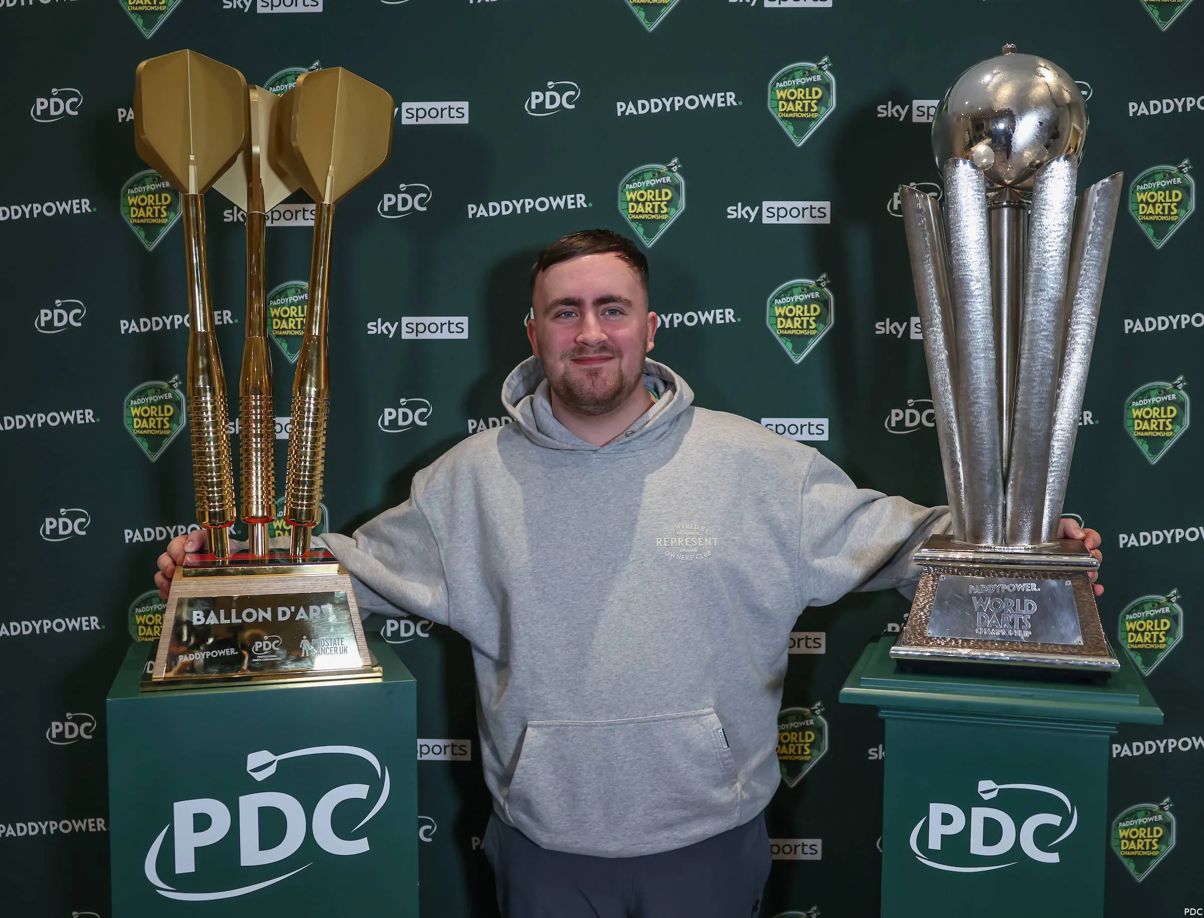 Luke Littler poses with his World Darts Championship haul of Sid Waddell Trophy and the Ballon d'Art