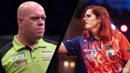 Michael van Gerwen takes on Noa-Lynn van Leuven in his first match at the Grand Slam of Darts