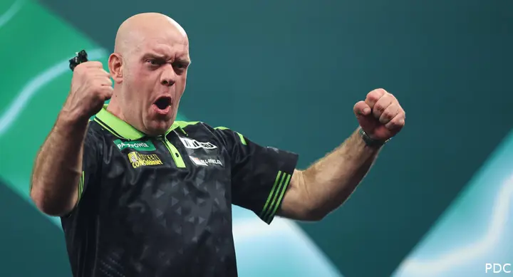 Michael van Gerwen  celebrating passionately on the Ally Pally stage