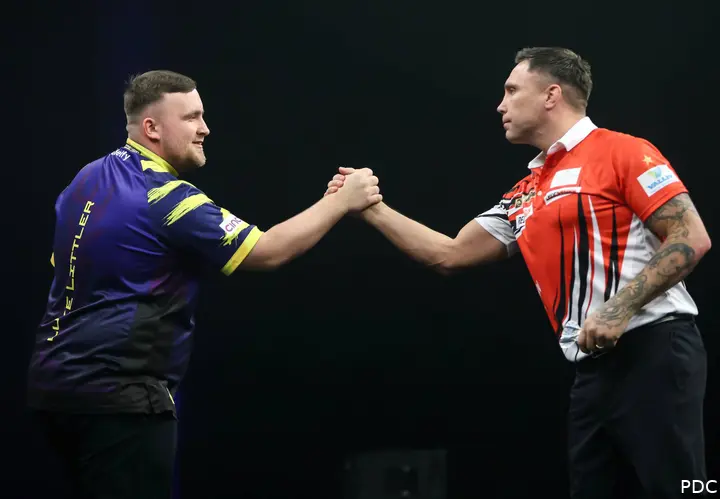 Luke Littler and Gerwyn Price on night 5 of the 2026 Premier League Darts in Cardiff