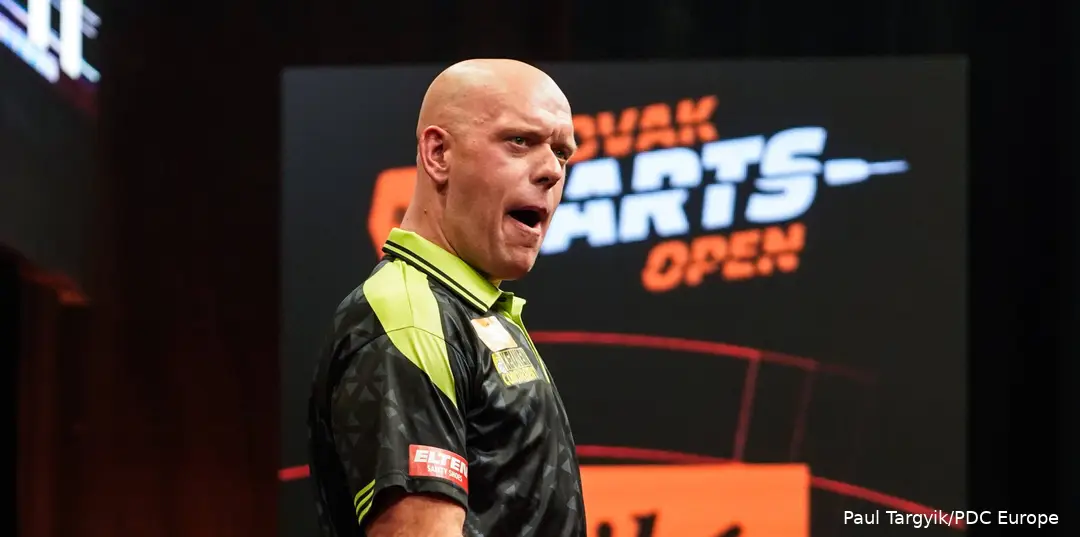 Michael van Gerwen with mouth open.