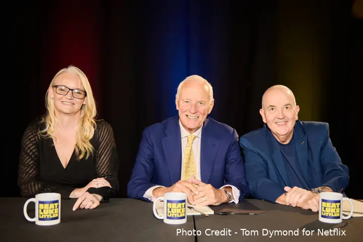 Laura Turner, Barry Hearn and Phil Taylor at the "Beat Luke Littler" auditions for Netflix