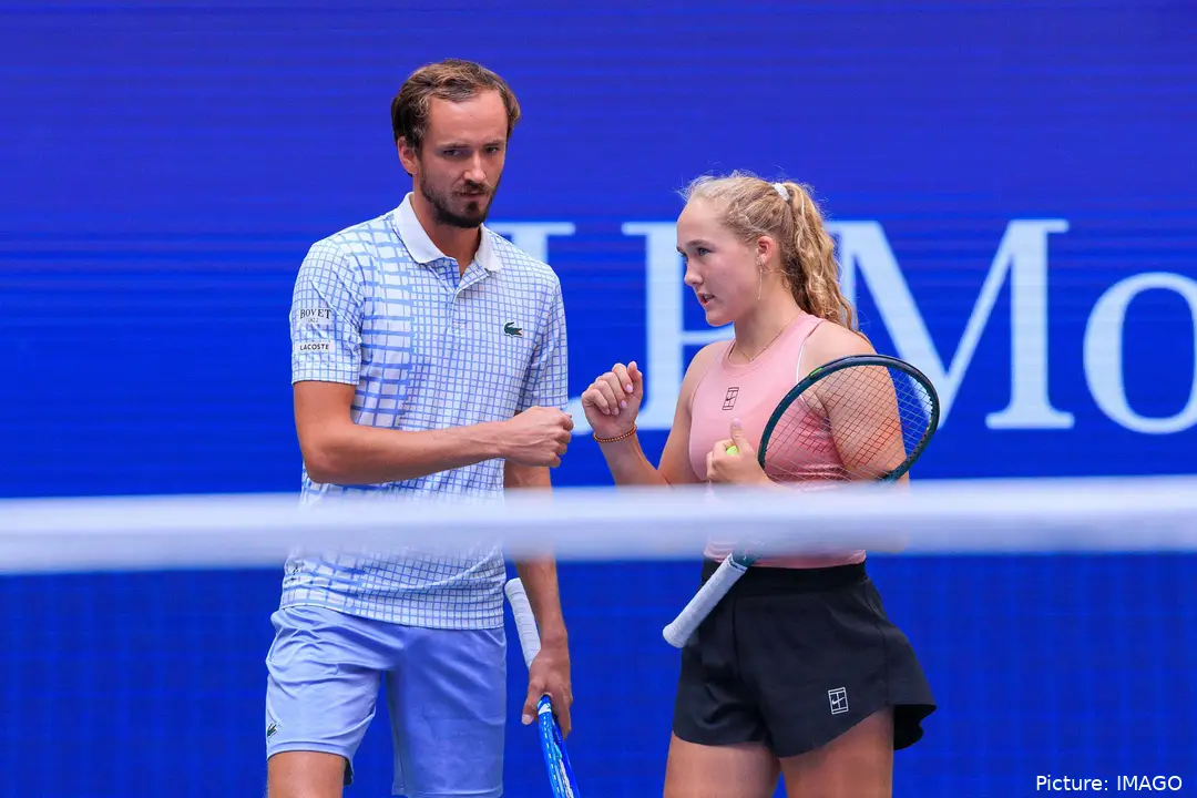 Daniil Medvedev and Mirra Andreeva at 2025 US open mixed doubles.