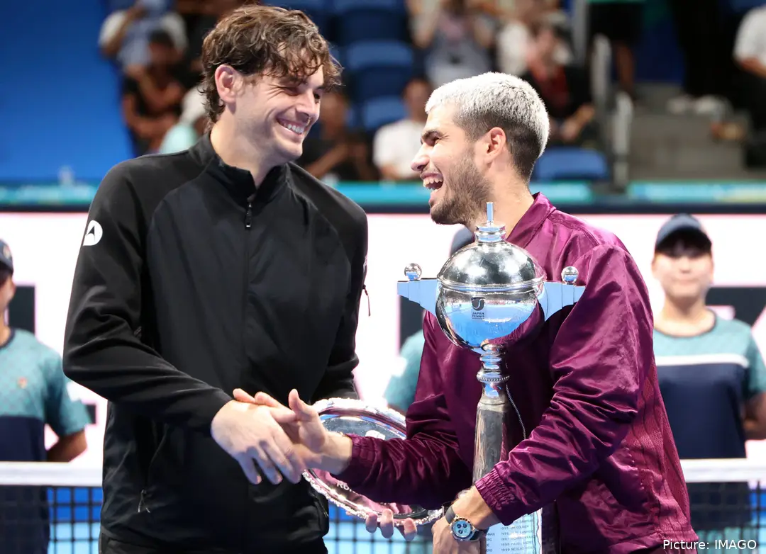 Taylor Fritz and Carlos Alcaraz during the trophy ceremony at the 2025 Japan Open.