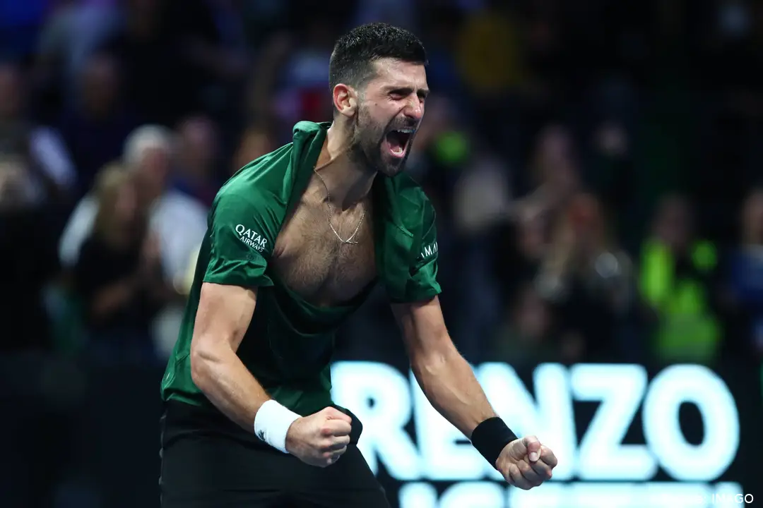 Djokovic, with his shirt torn, celebrates his victory in the Hellenic Championship final in Athens
