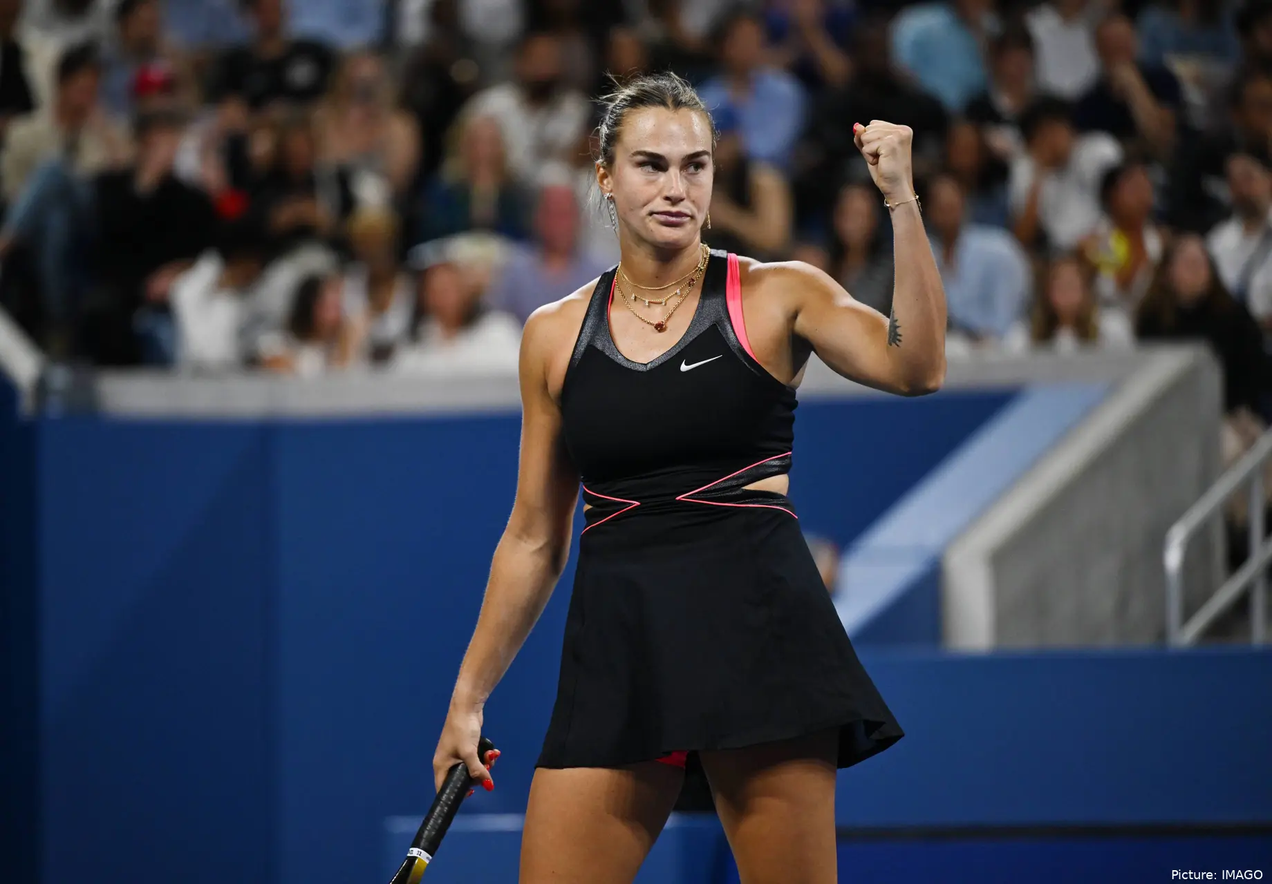 Sabalenka clenches her fist after winning a point at the 2025 US Open