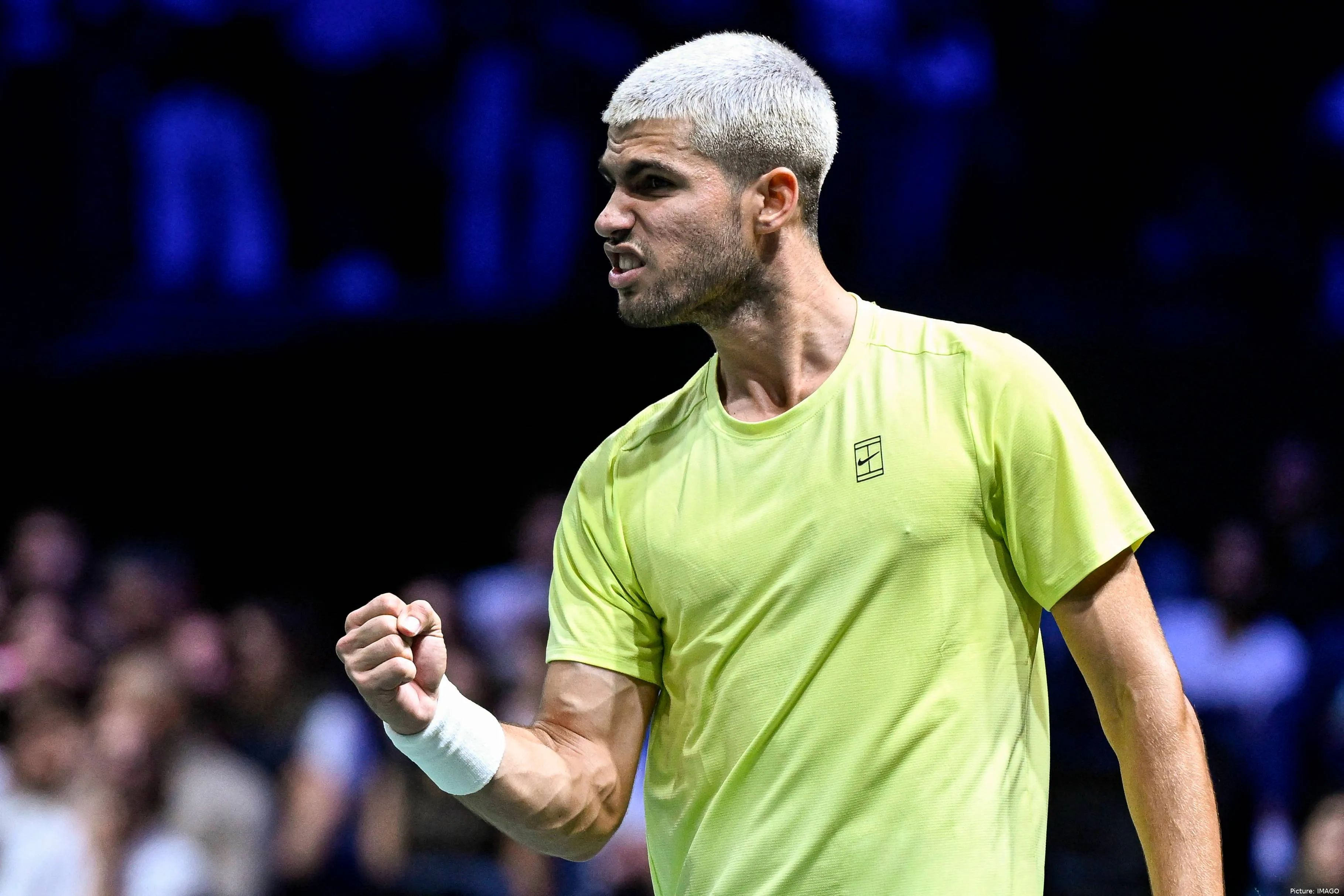 Carlos Alcaraz celebrating a point at the 2025 Paris Masters