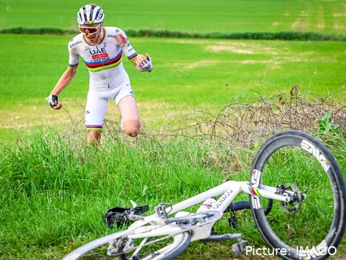 Tadej Pogacar crashes at Strade Bianche 2025