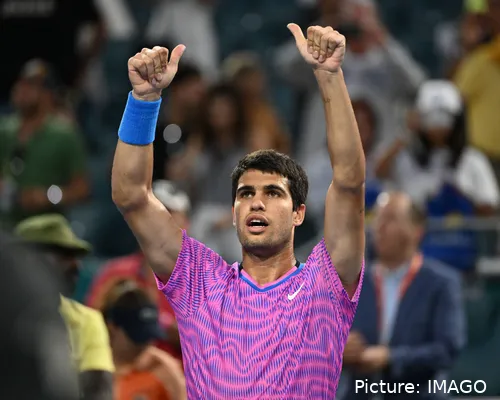 Carlos Alcaraz celebrates a win at the 2024 Miami Open
