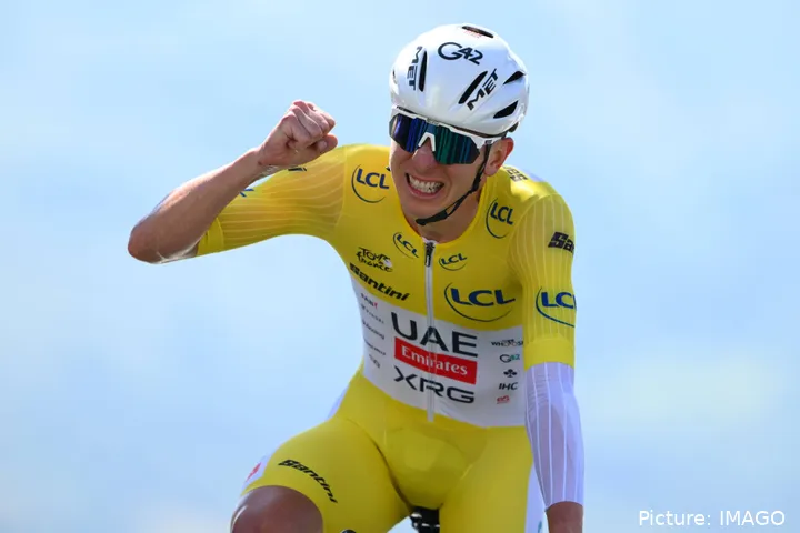 Tadej Pogacar celebrates victory at 2025 Tour de France stage 13