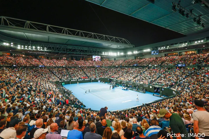 The Australian Open Stadium 2025 filled with an audience with the blue court famous for the tournament.