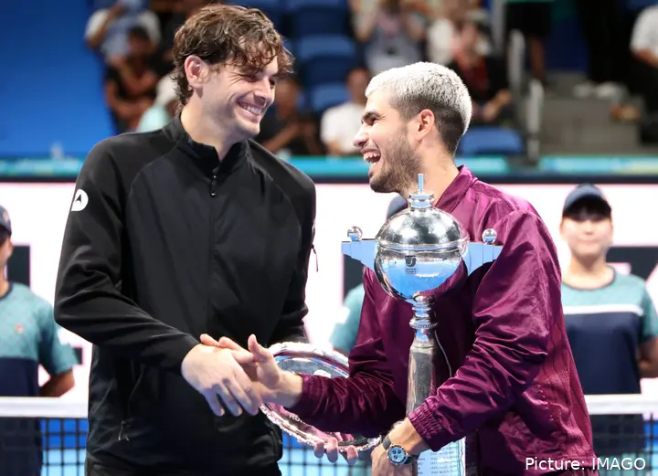 Taylor Fritz and Carlos Alcaraz during the trophy ceremony at the 2025 Japan Open.