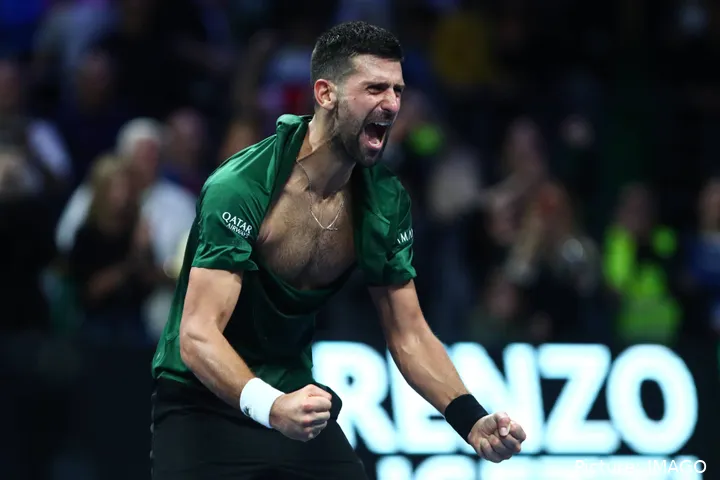 Djokovic, with his shirt torn, celebrates his victory in the Hellenic Championship final in Athens