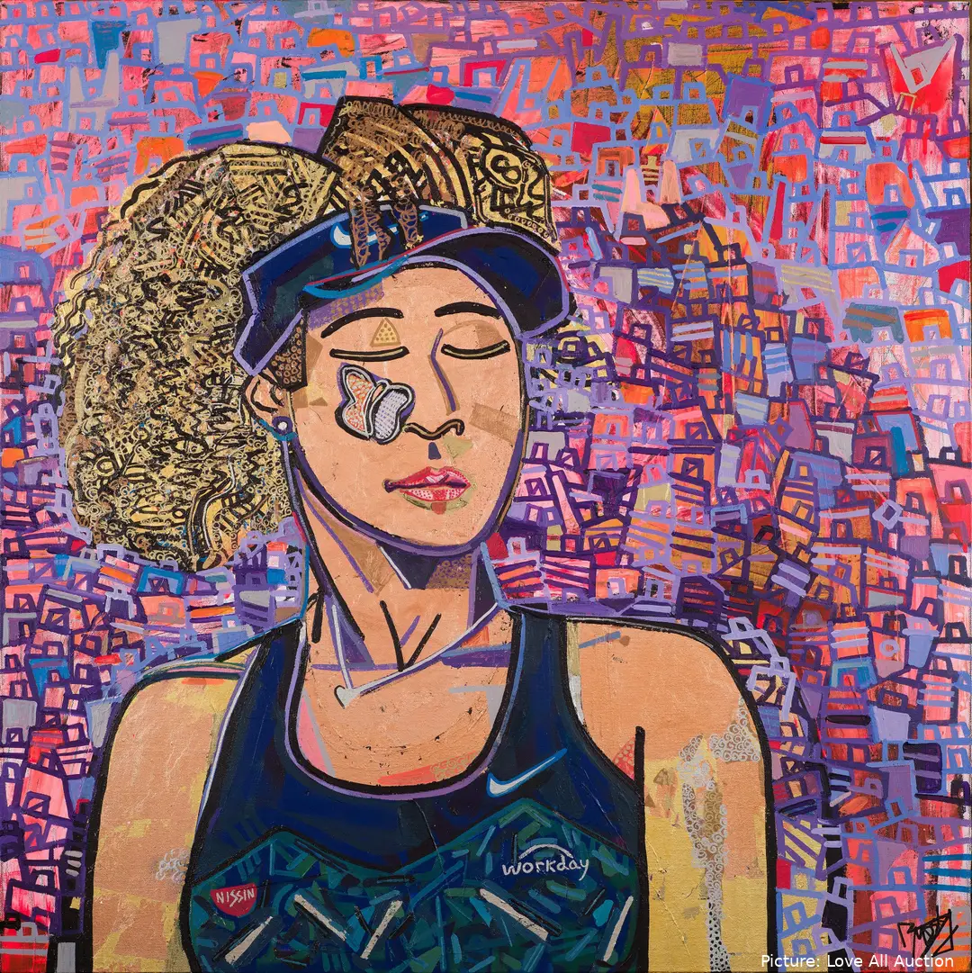 Mixed media artwork named&nbsp;Naomi &amp; The Butterfly signed by Naomi Osaka