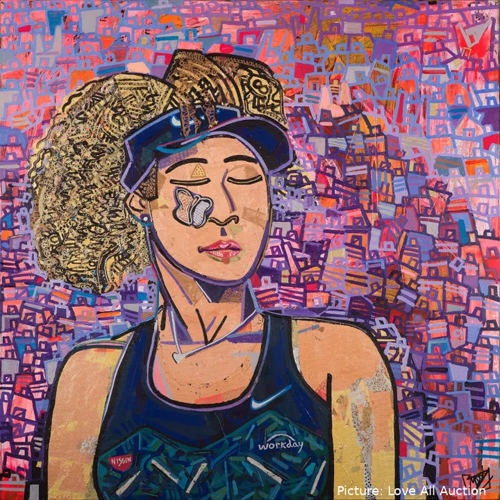 Mixed media artwork named&nbsp;Naomi &amp; The Butterfly signed by Naomi Osaka