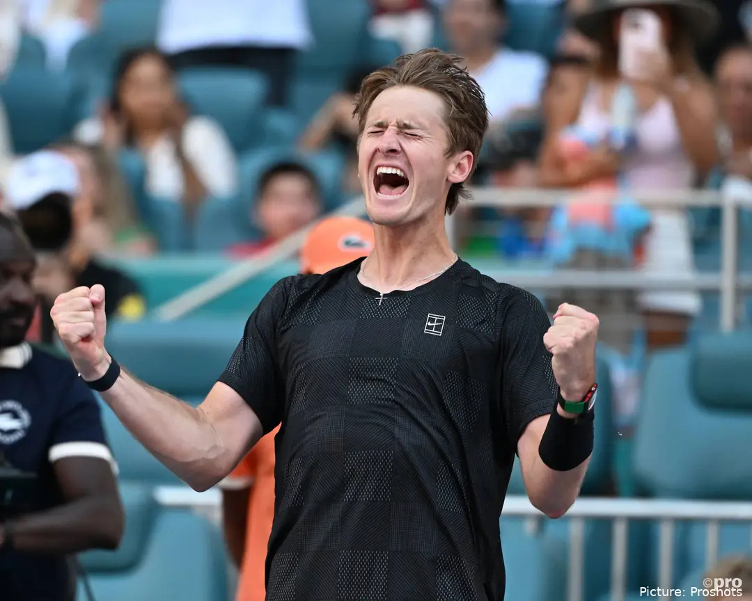 Korda shouts after the victory over Alcaraz at 2026 Miami Open.
