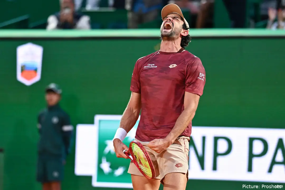 Valentin Vacherot shouts to the heavens after his victory at the Monte Carlo Masters.