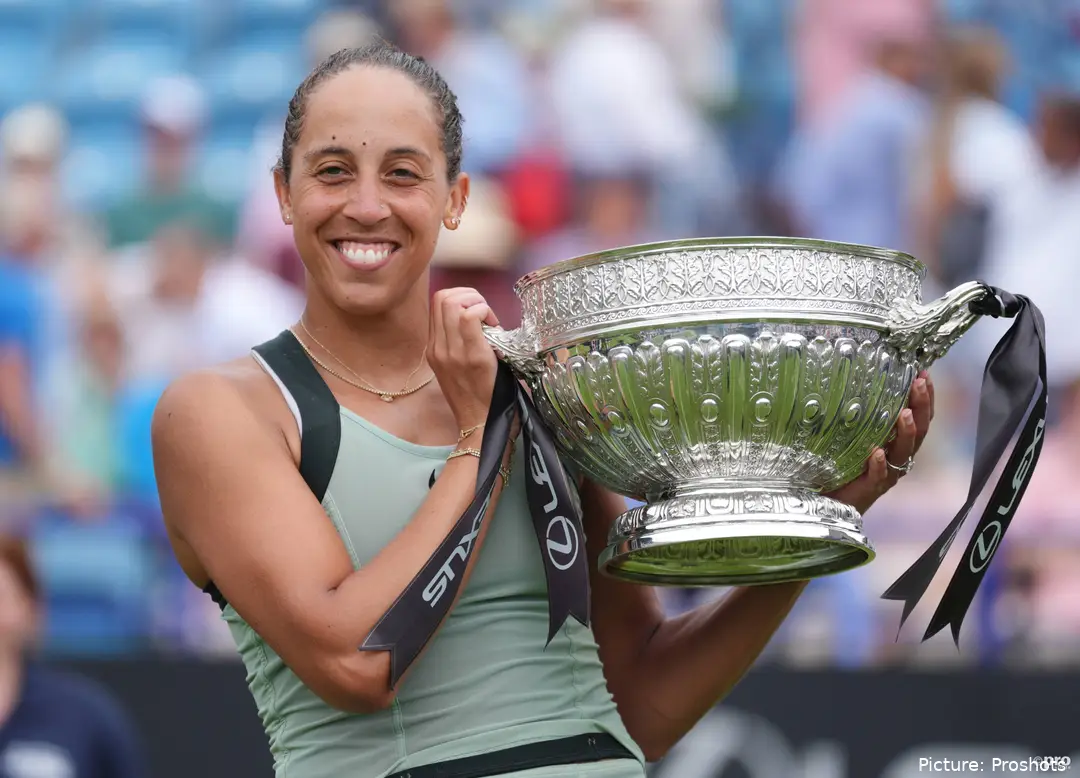 Madison Keys with her trophy after winning the final of the Women's singles against Tatjana Maria at the 2026 Lexus Eastbourne Open