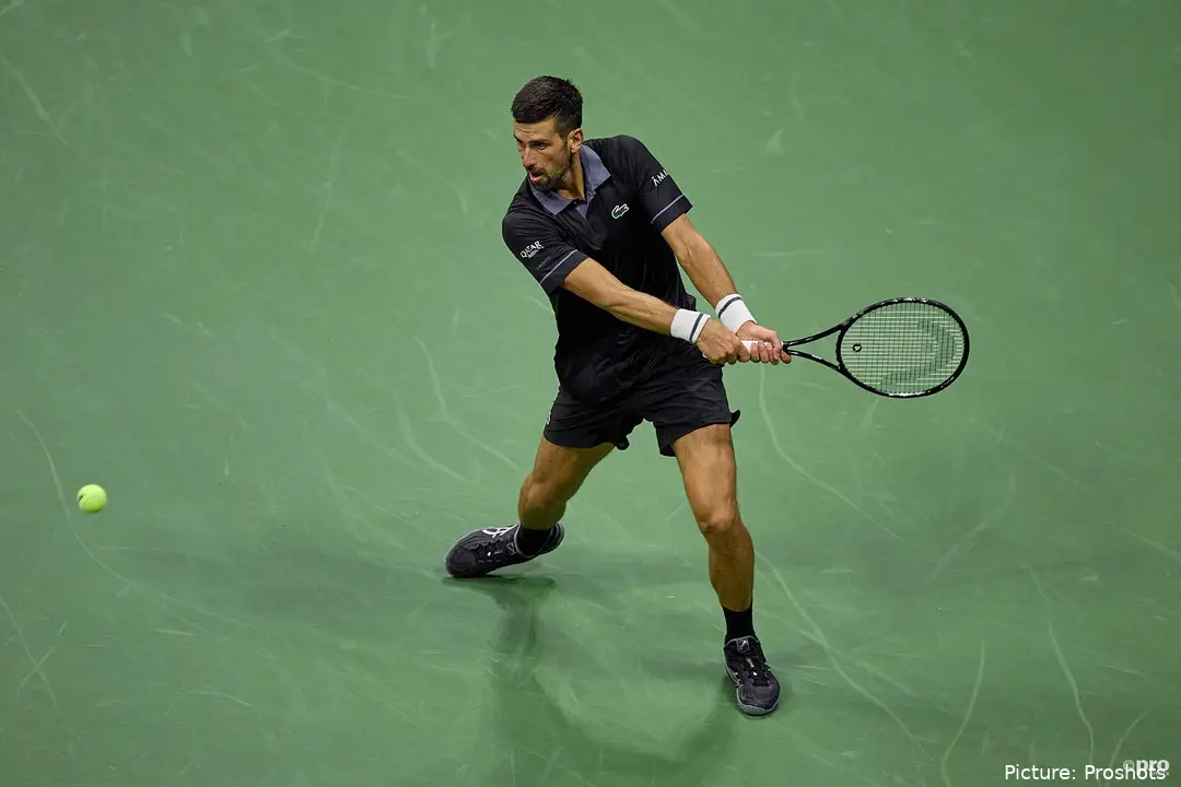 Novak Djokovic hitting backhand at 2026 US Open.