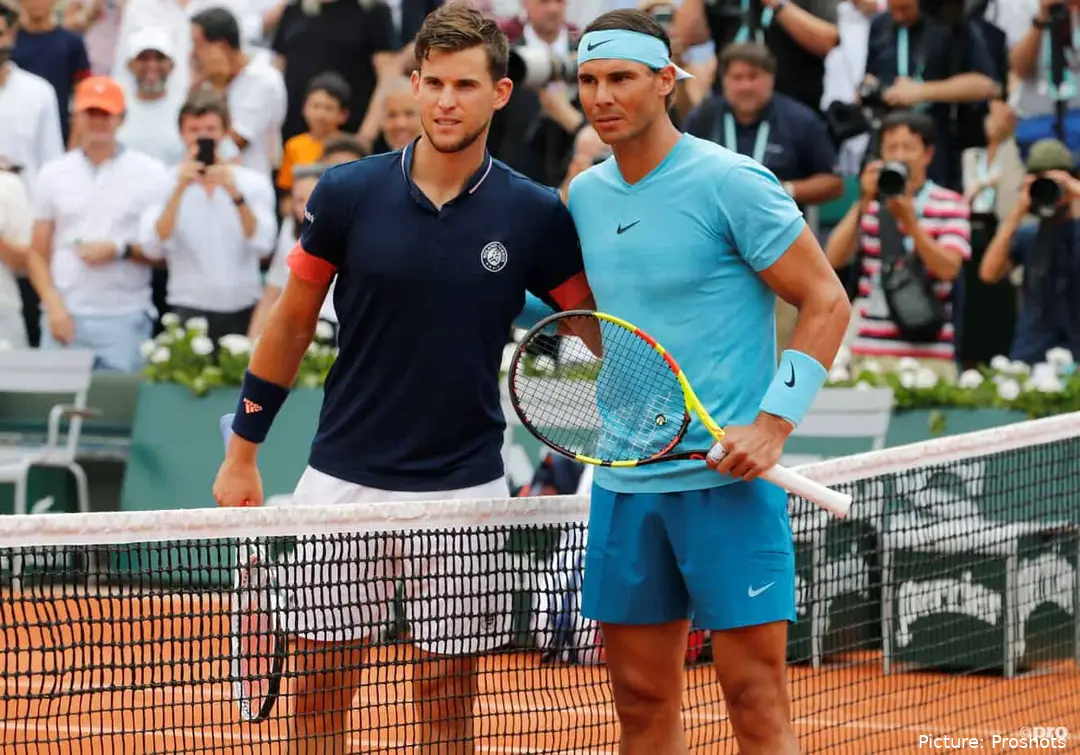 Dominc Thiem and Rafael Nadal at the net before the 2018 French Open final.