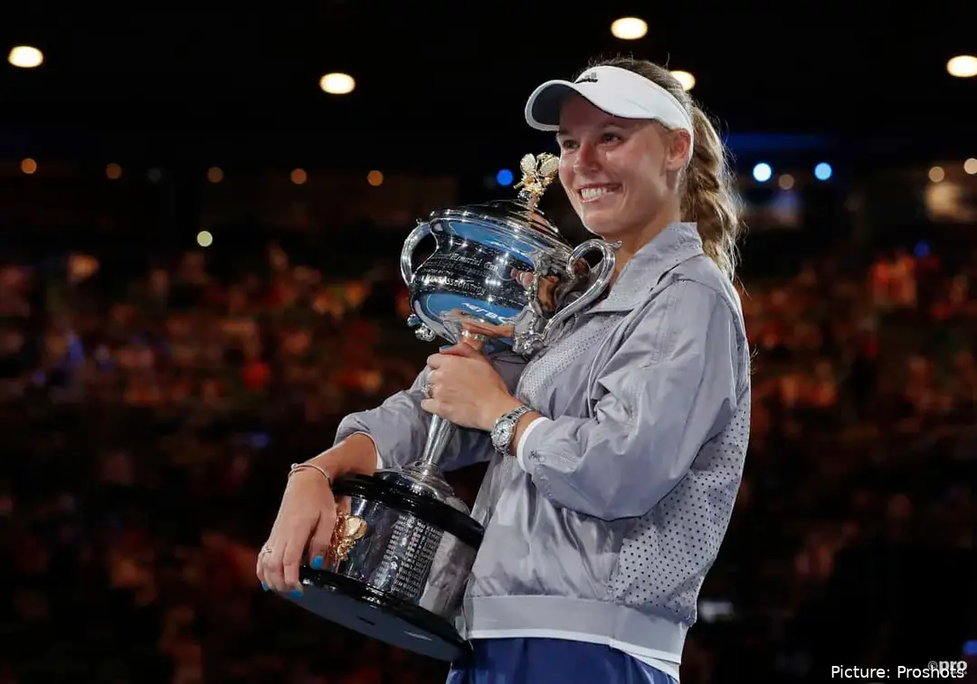 Wozniacki holds the trophy at the Australian Open.