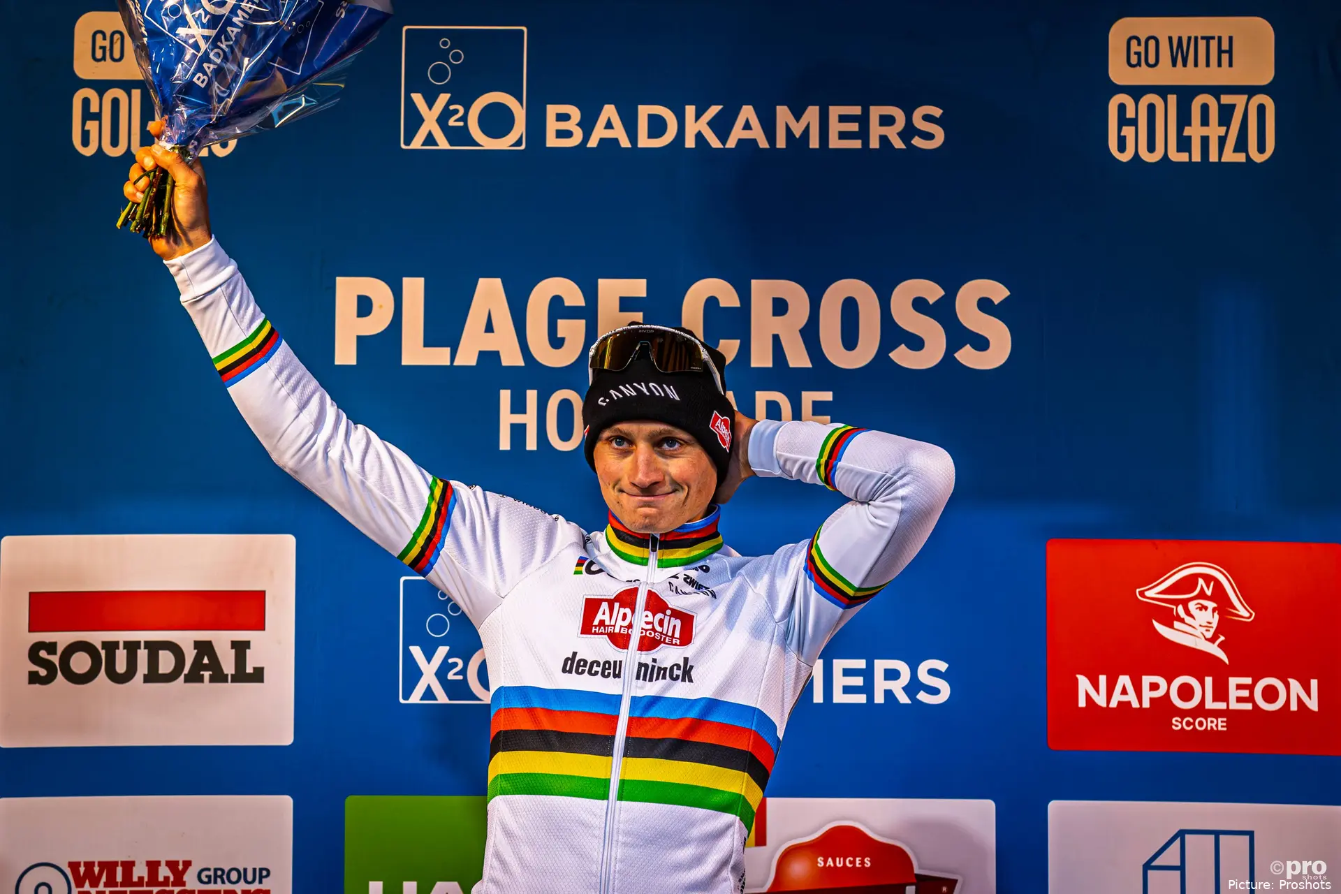 Mathieu van der Poel celebrating his victory at the X2O Trofee Hofstade cyclocross race in 2025-2026