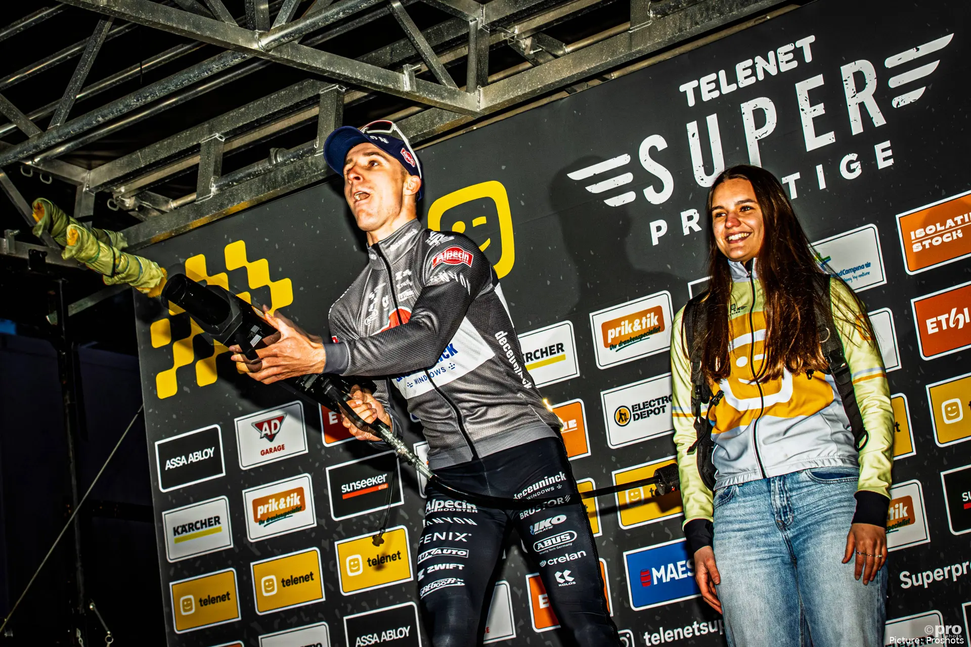 Niels Vandeputte on the podium after a Superprestige cup race during the 2025-2026 cyclocross season