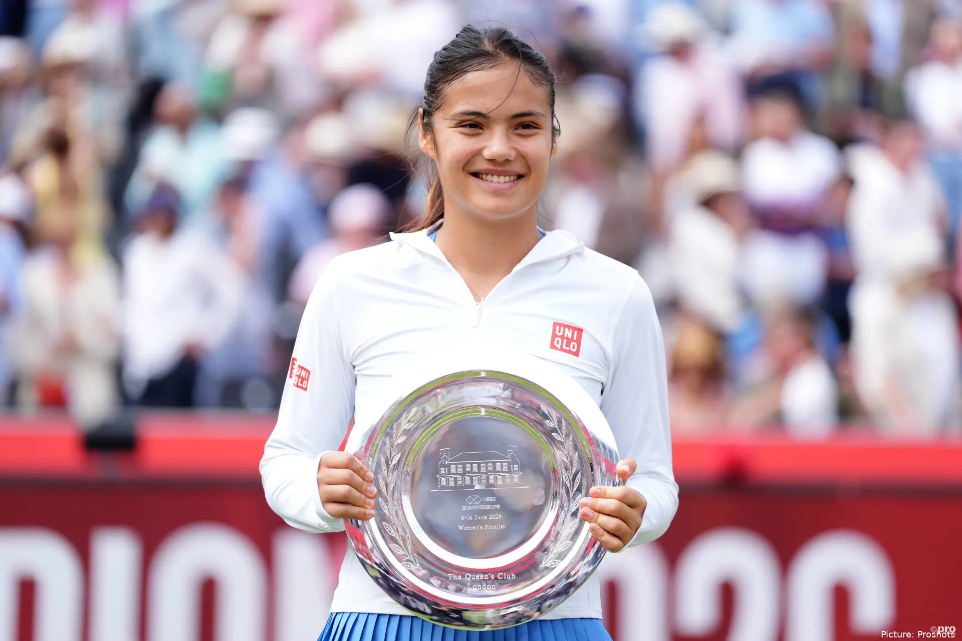 Great Britain's Emma Raducanu with the runners up trophy following her loss to Croatia's Donna Vekic after the Women's singles final match on day seven of the HSBC Championships at The Queen's Club