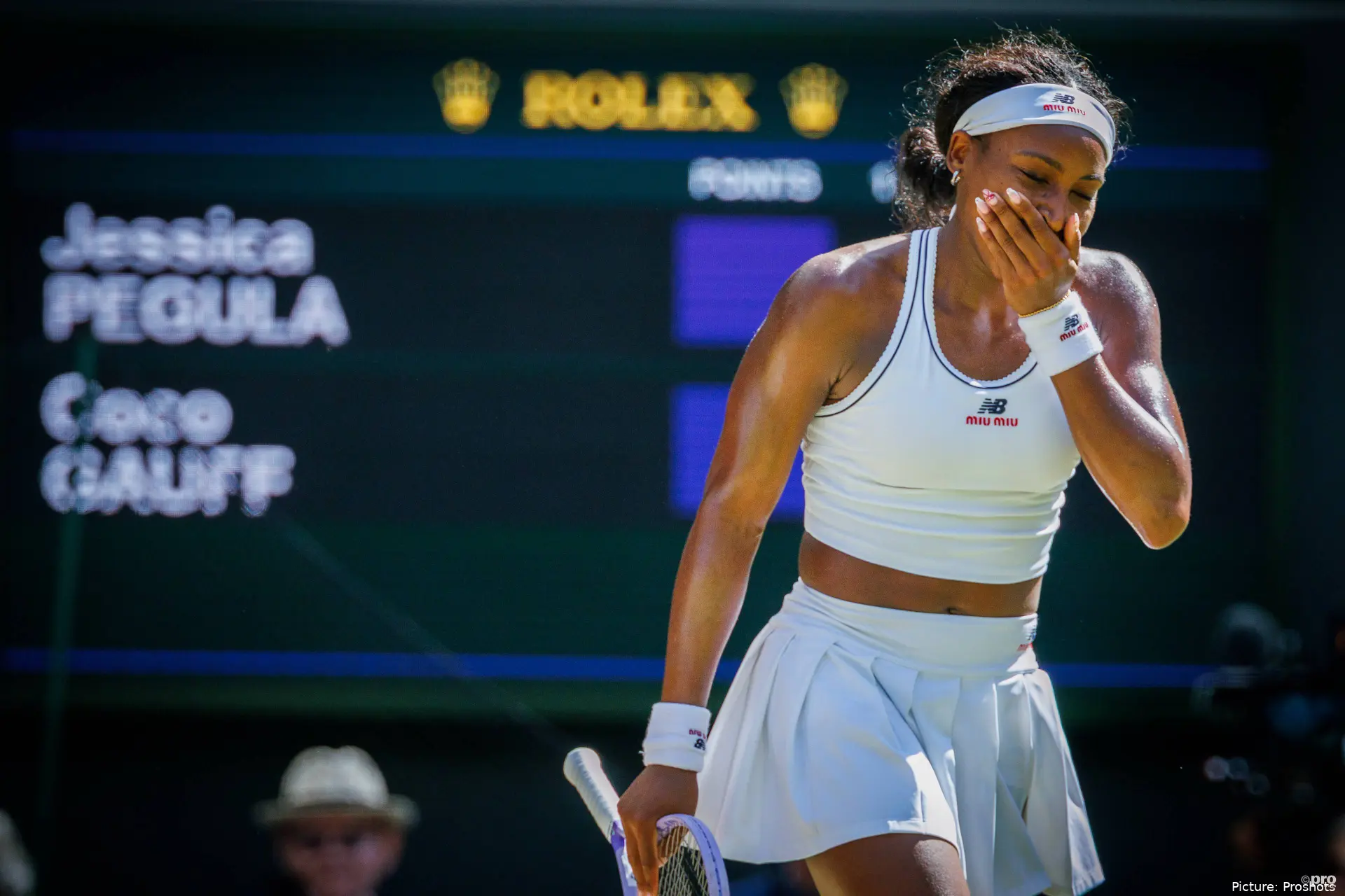 Gauff covers her mouth in shock after beating Jessica Pegula coming from a set down at Wimbledon.