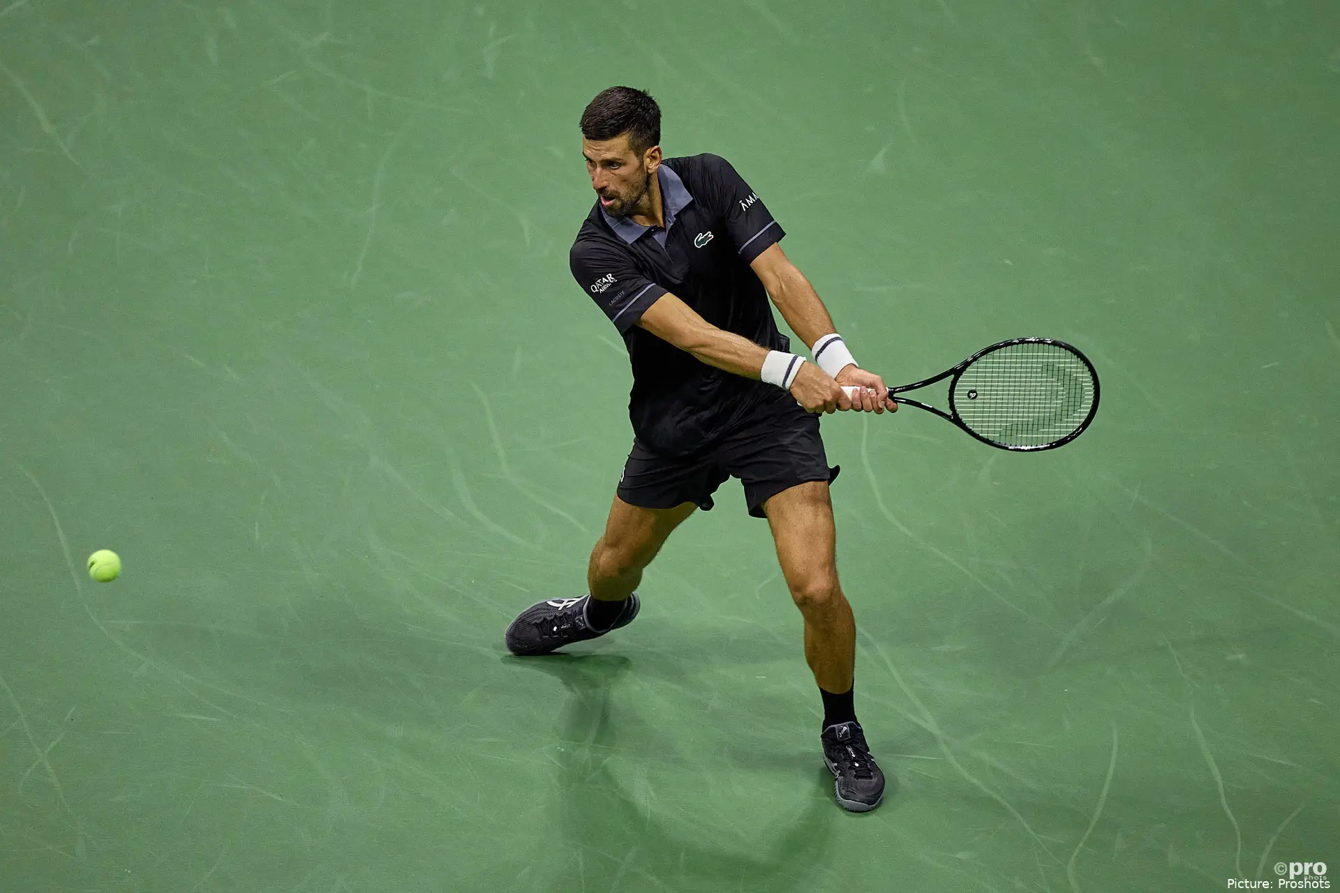 Novak Djokovic hitting backhand at 2026 US Open.
