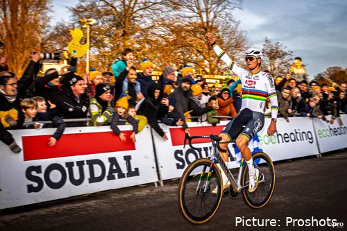 Mathieu van der Poel celebrating a victory in a cyclocross race