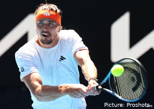 Alexander Zverev hits ball.