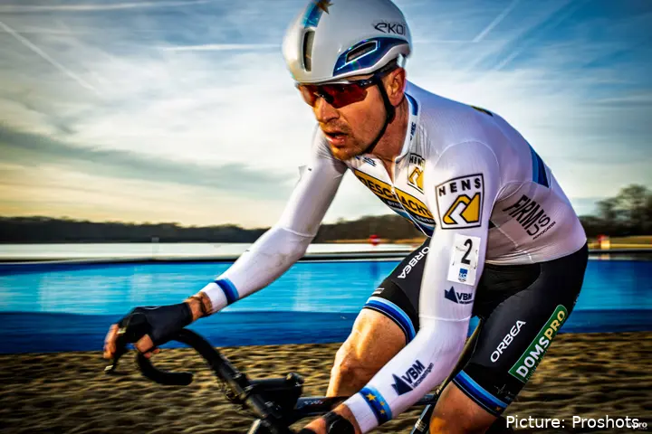 Cyclocross European champion Toon Aerts racing in the sand during the 2025-2026 season