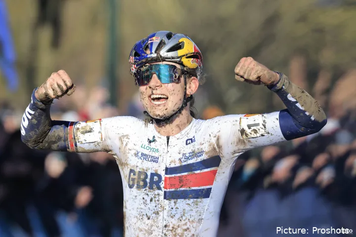Zoe Backstedt in the British jersey winning a cyclocross race