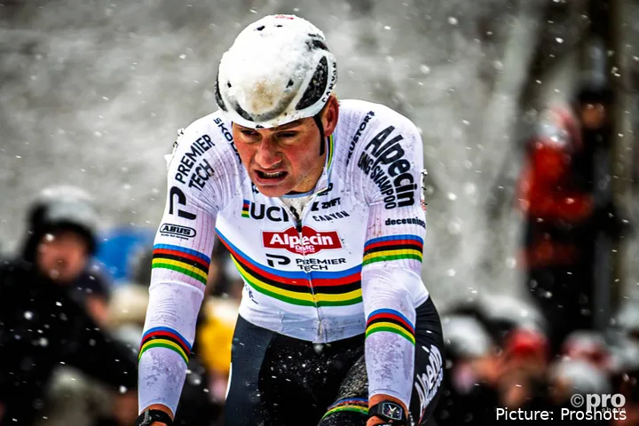 Mathieu van der Poel in pain after winning Exact Cross Mol in heavy snow