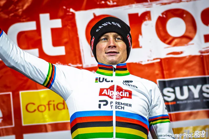 Mathieu van der Poel on the podium after winning the 2026 Exact Cross Mol