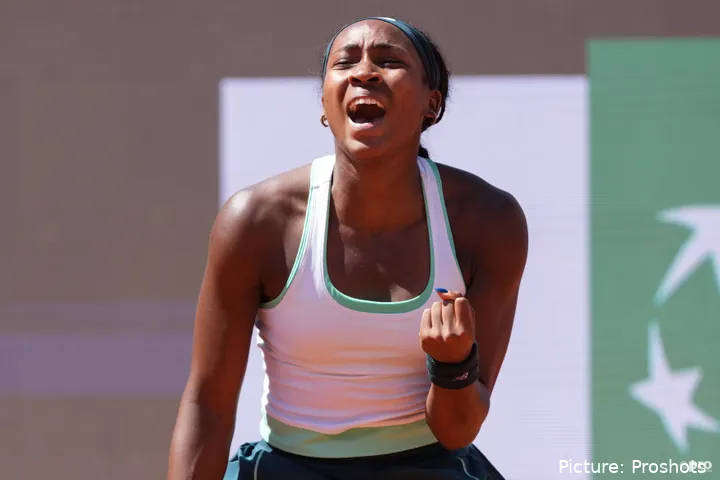 Coco Gauff passionately celebrating on court