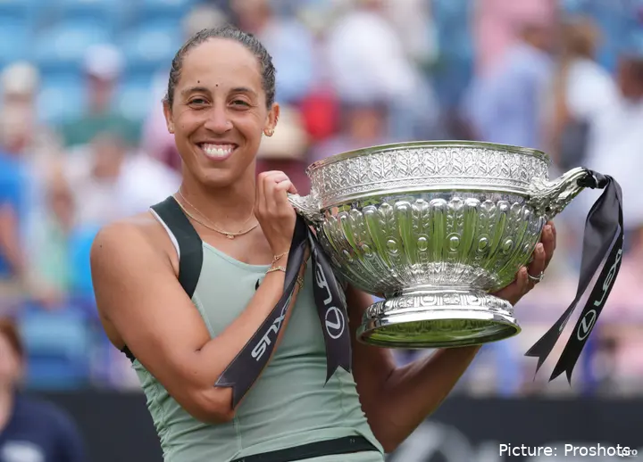 Madison Keys with her trophy after winning the final of the Women's singles against Tatjana Maria at the 2026 Lexus Eastbourne Open