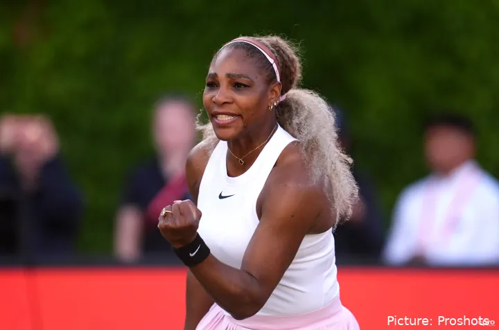 Serena Williams of United States celebrates a point against Nicole Melichar-Martinez of United States and Erin Routliffe of New Zealand during day two of the HSBC Championships at The Queen's Club