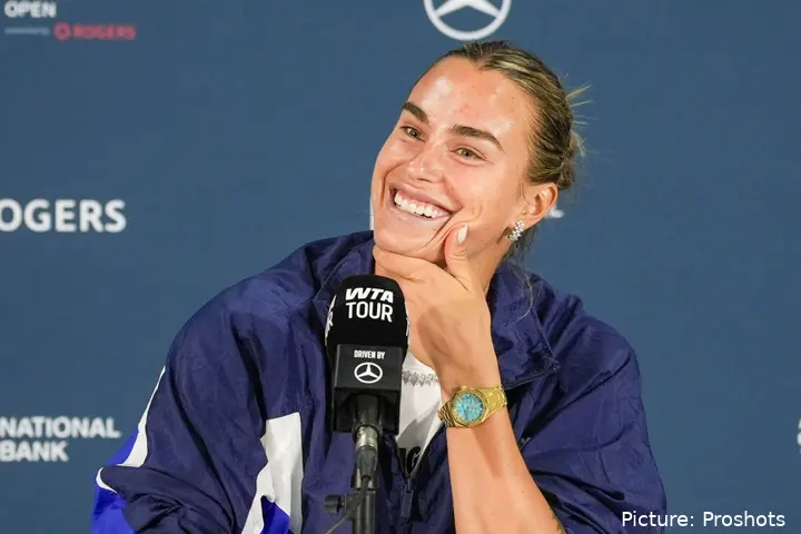 Aryna Sabalenka smilling at press conference from Toronto.