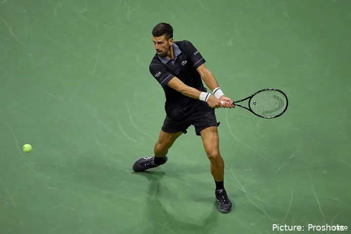 Novak Djokovic hitting backhand at 2026 US Open.