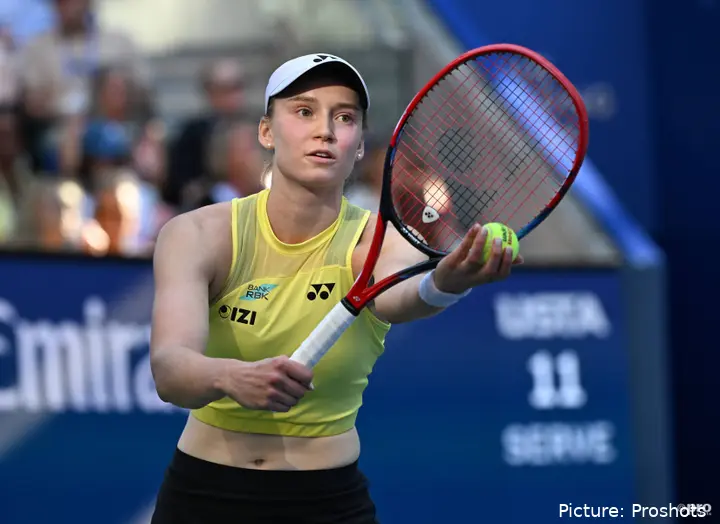 Elena Rybakina serves.