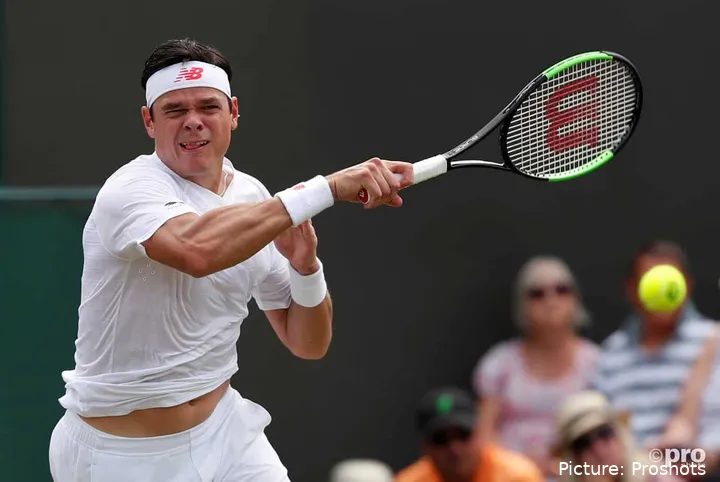 Raonic after hitting a forehand at Wimbledon