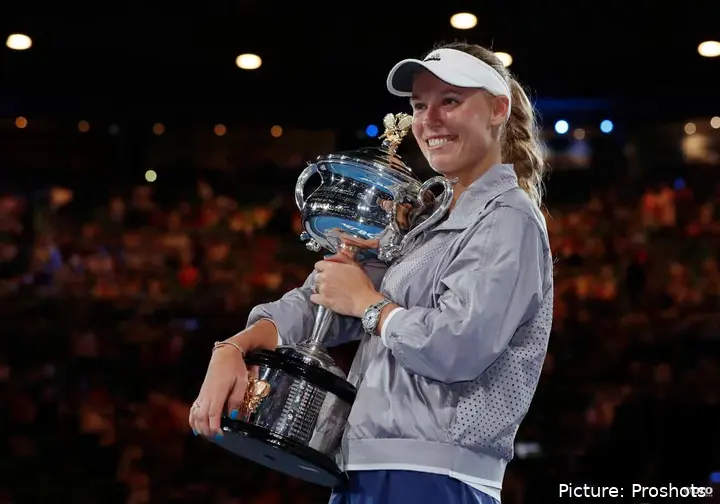 Wozniacki holds the trophy at the Australian Open.