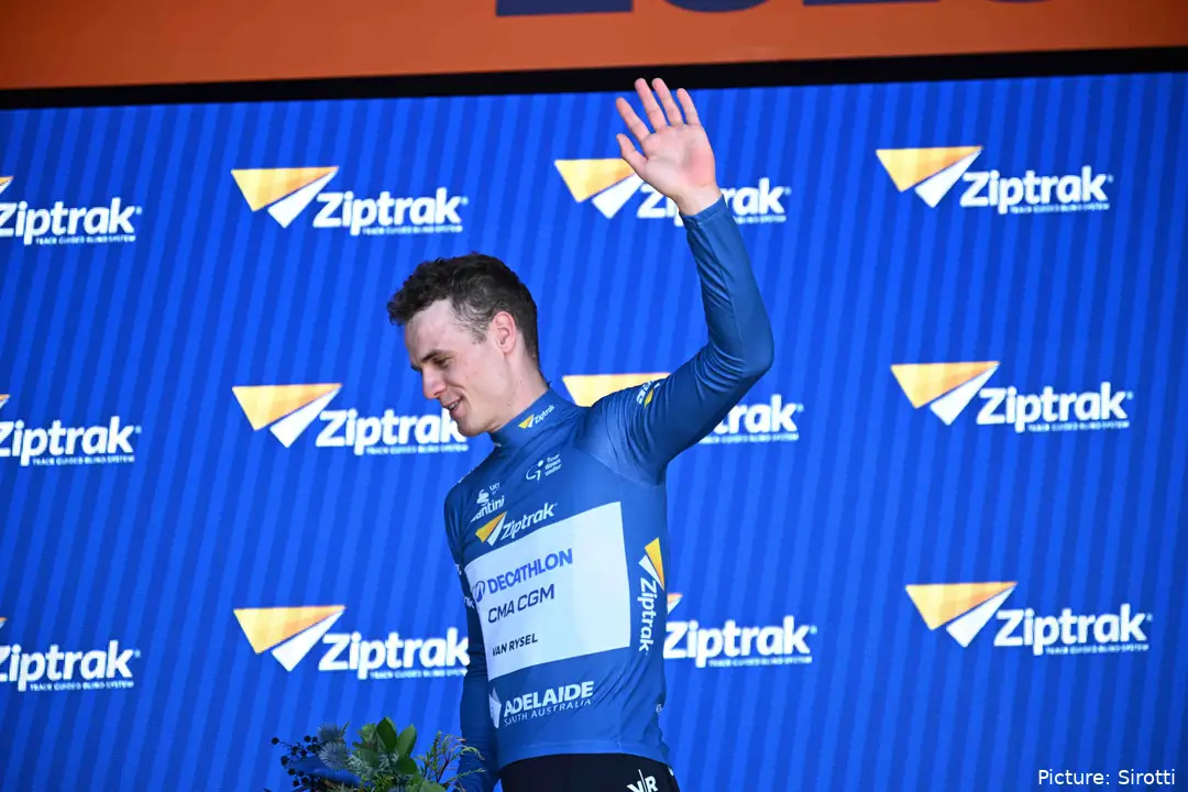 Tobias Lund Andresen on the podium with the points classification jersey at the 2026 Tour Down Under