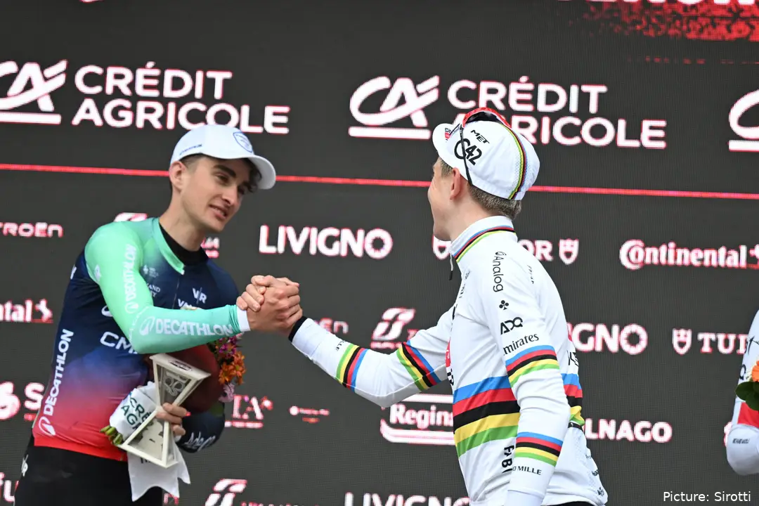 Tadej Pogacar and Paul Seixas on the 2026 Strade Bianche podium