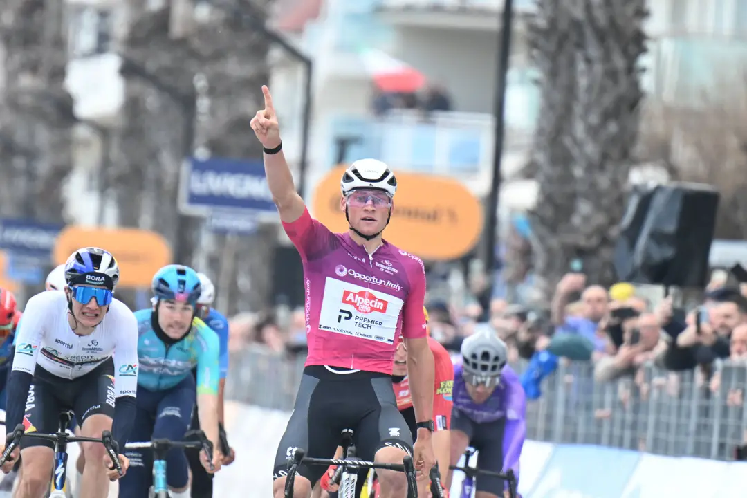 Mathieu van der Poel celebrating his win at stage 4 of the 2026 Tirreno-Adriatico